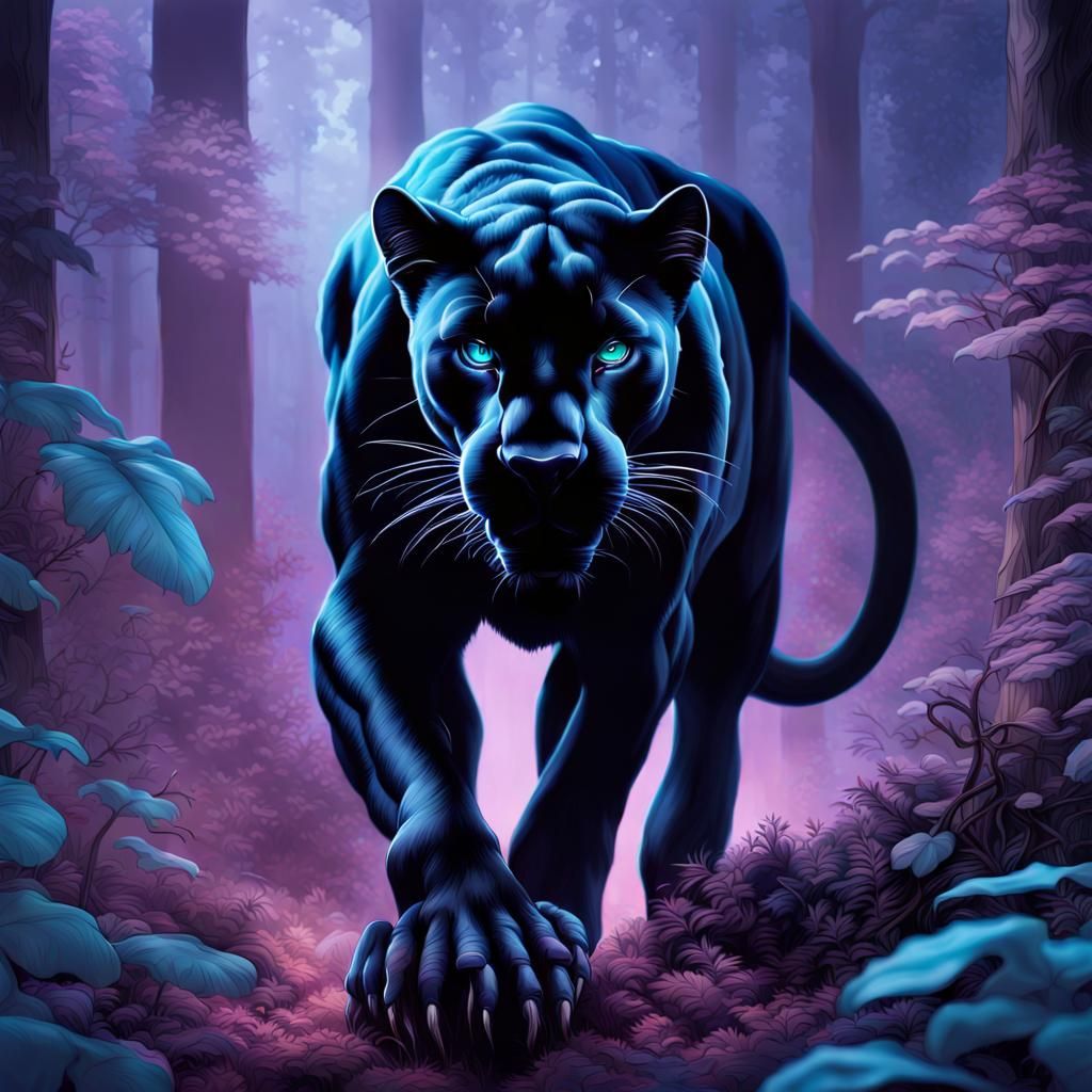 Bioluminescent Forest: Black Panther in Ethereal Midnight
