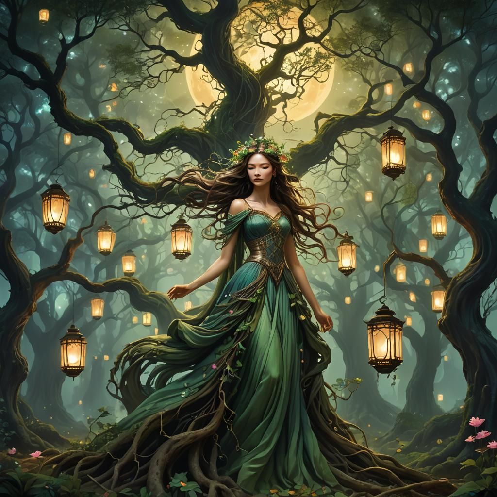 Girl in Enchanted Forest Dress, Mystical Grove Scene