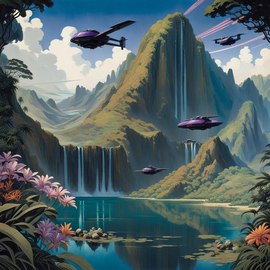 Futuristic VTOL Dropships Over Mountain Lake, Detailed Art