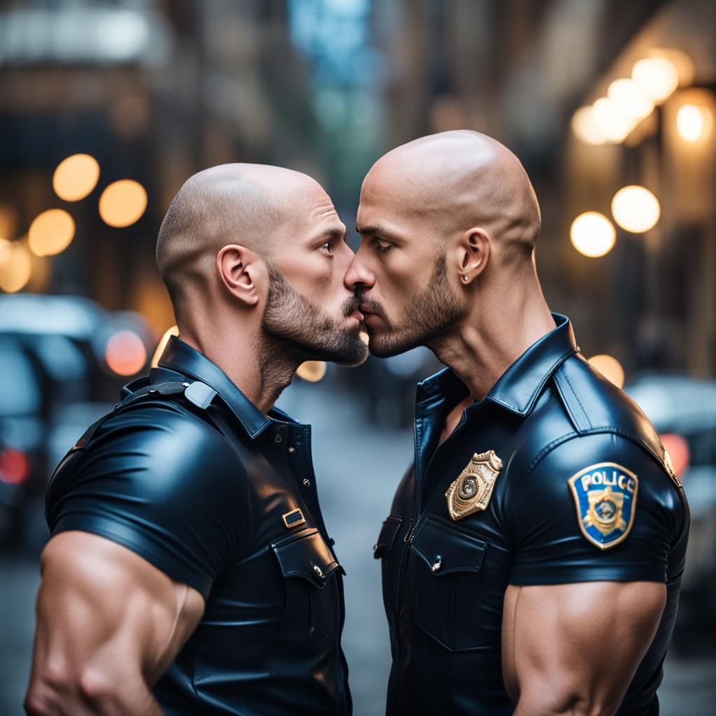 Gay Men Kissing in Leather Police Uniforms