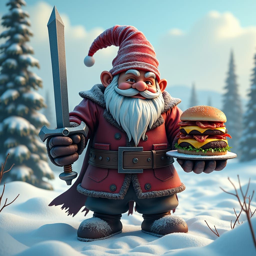 Gnome Hero with Burger and Sword in Anime Style
