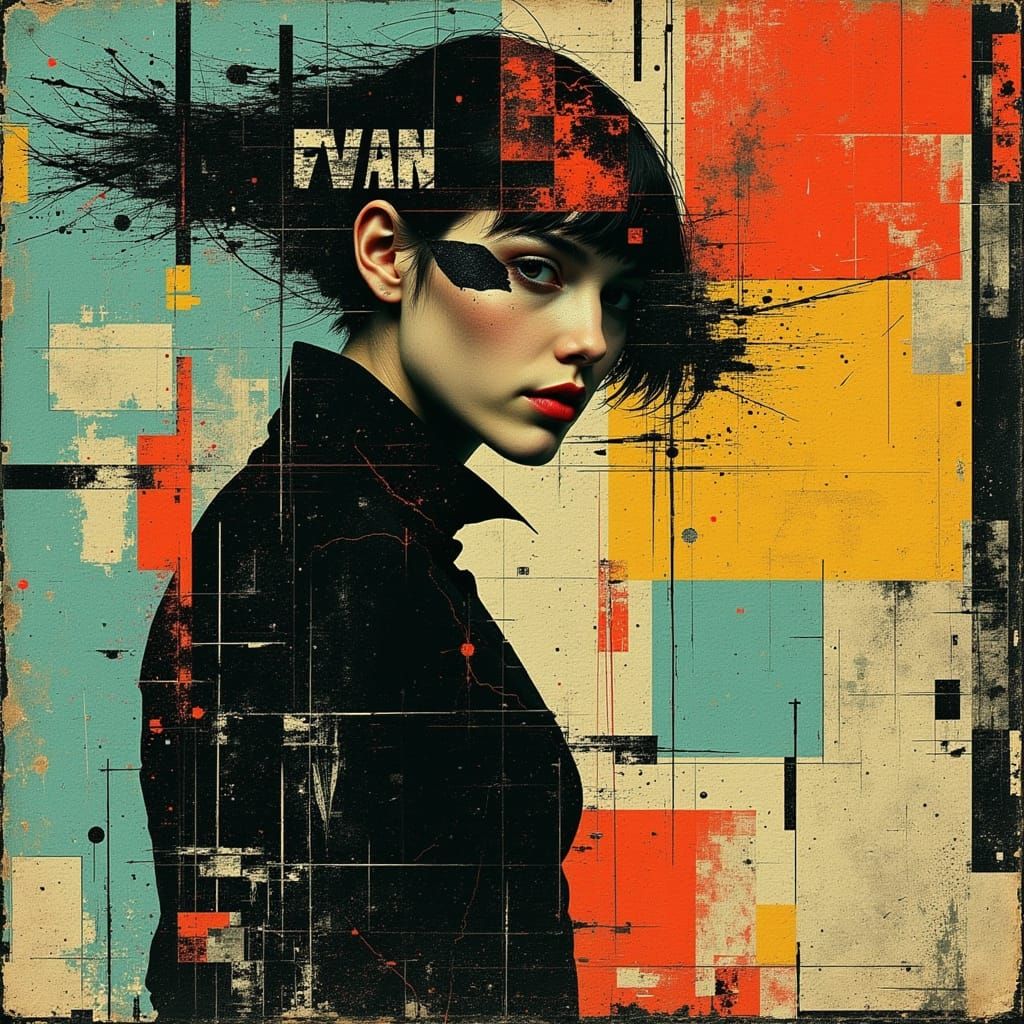 Dystopian Portrait with Glitched Lines in Ash Thorp Style