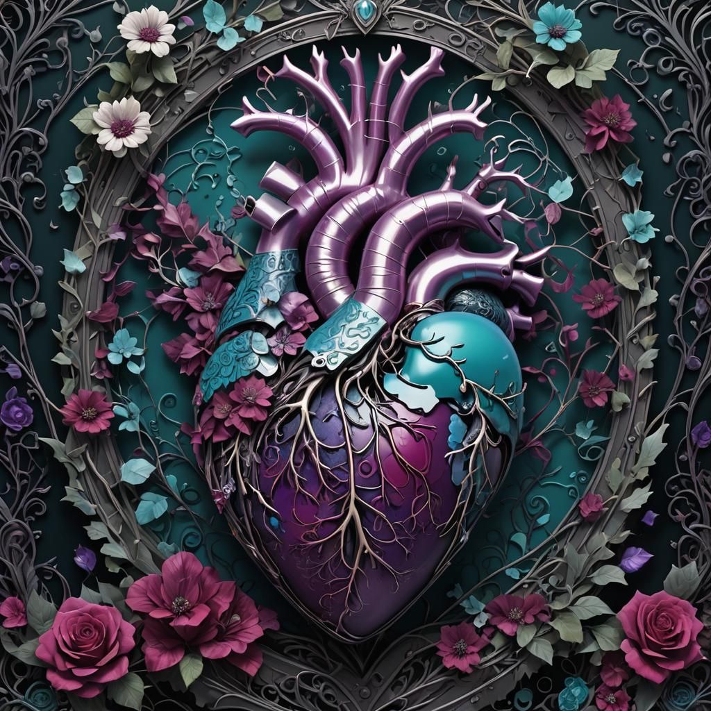 Gothic Heart with Floral Patterns in Dark Fantasy Style