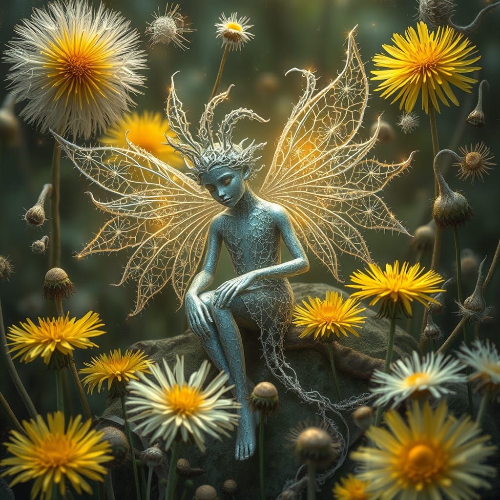 Ethereal Silver Being Amidst Dandelions in Bio-Art Style