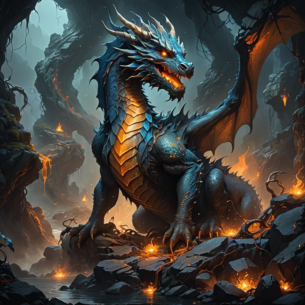 Dragon Emerges from Abyss in Fantasy Matte Painting