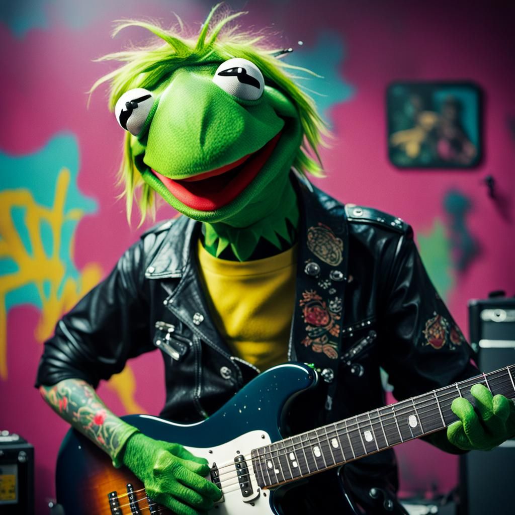 Punk Rock Kermit with Guitar, Cinematic Still