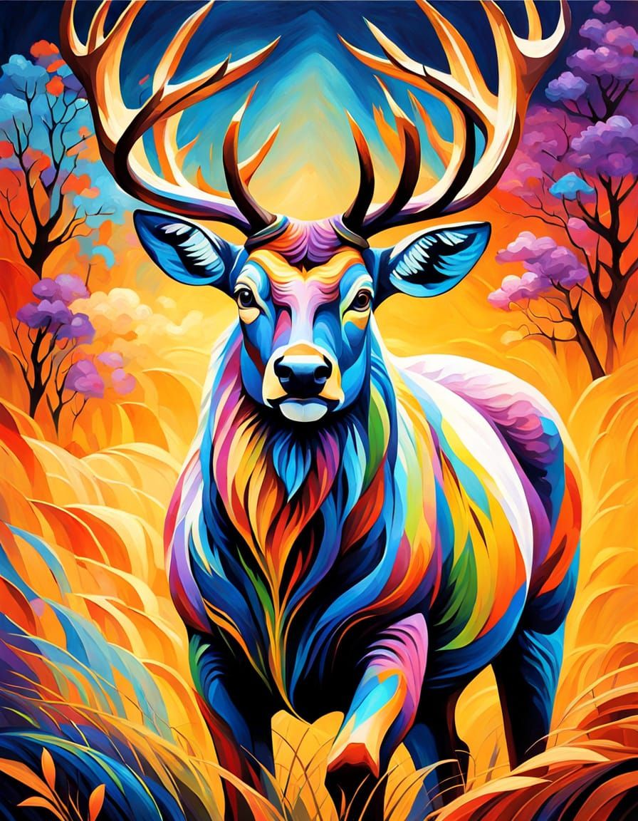 Glowing Buck in Colorful Field: Fantasy Art
