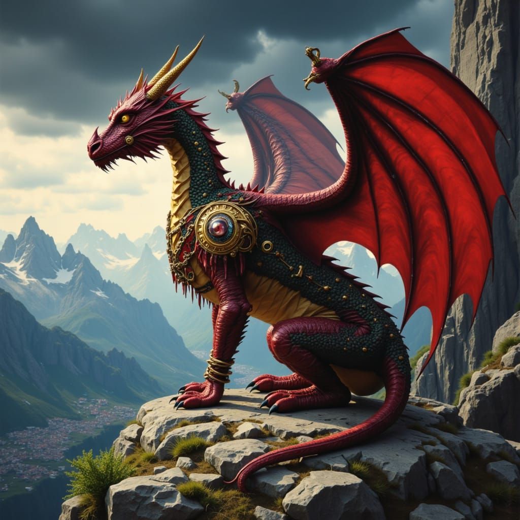 Steampunk Dragon in Swiss Alps, Dark Fairytale Style