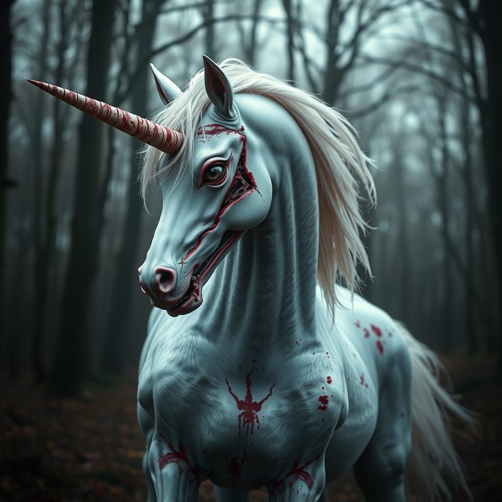 Macabre Unicorn Portrait in Photorealistic Horror Style