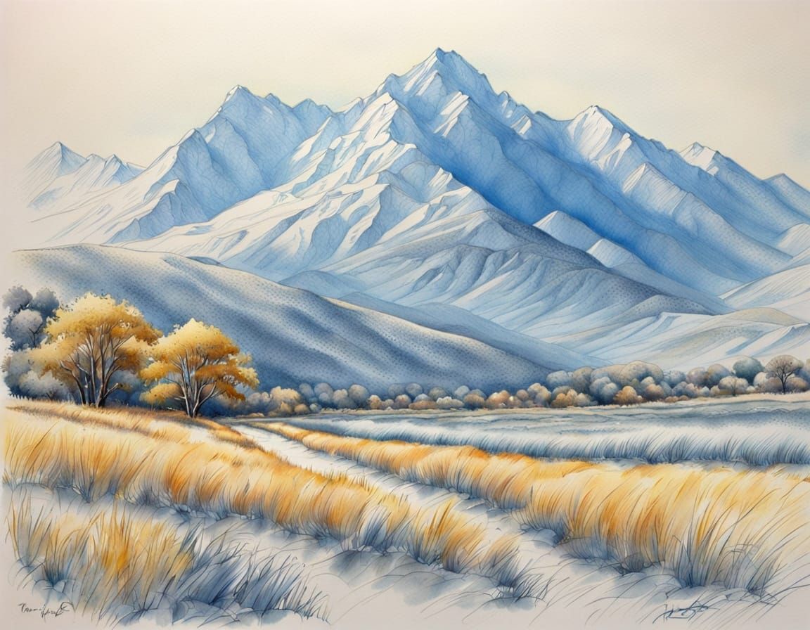 Radiant Blue-Gold Landscape Head Study in Pastel Pencil