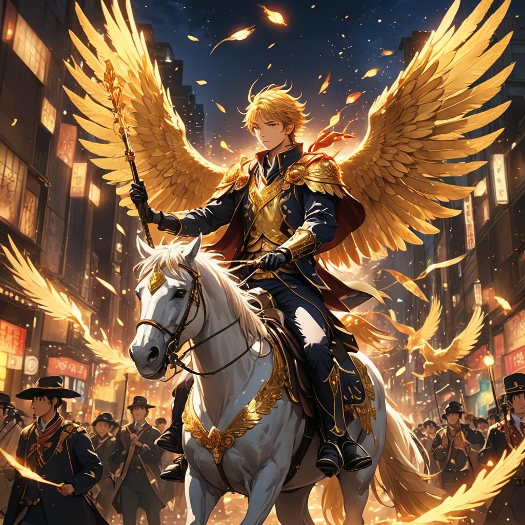 Anime Man on Horseback with Phoenix Wings