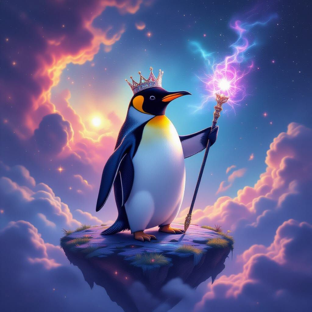 Regal Penguin with Crown and Scepter in Cosmic Nebula