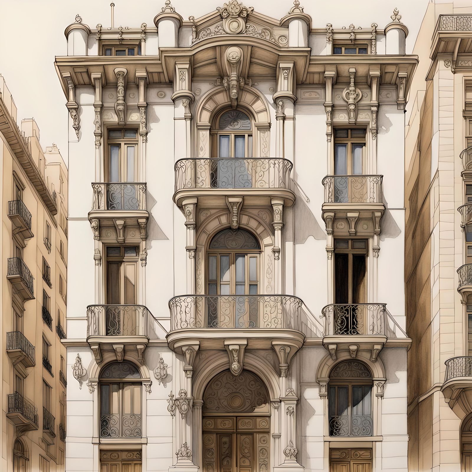 Opulent Barcelona Facade: Delicate Pencil Sketch