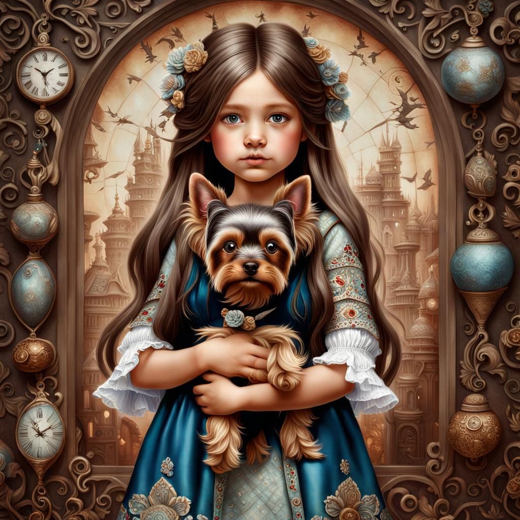 Girl with Yorkie in Fantasy Setting: Hyperrealistic Image