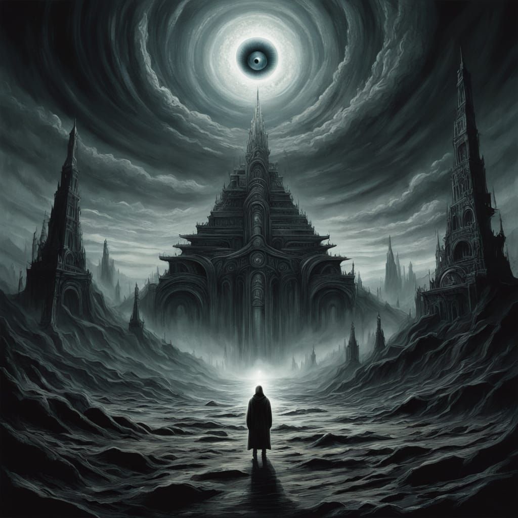 Lone Figure Silhouetted Against an All-Seeing Eye in a Desol...