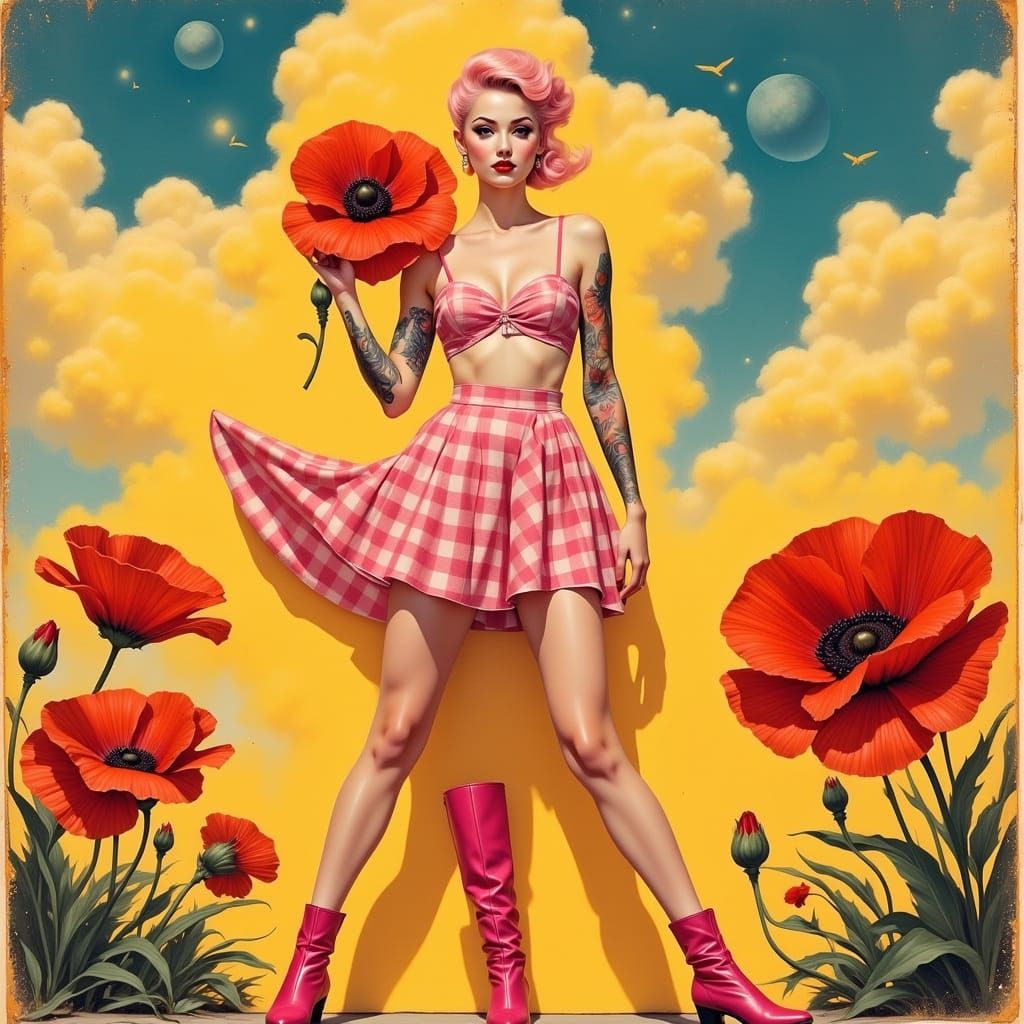 Woman with Poppy in Vintage Street Art Style