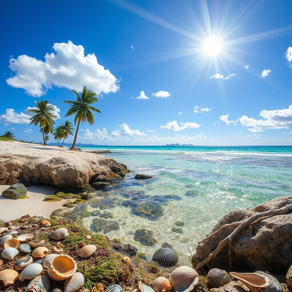 Hyperrealistic Beach Scene with Palm Trees and Ocean Waves
