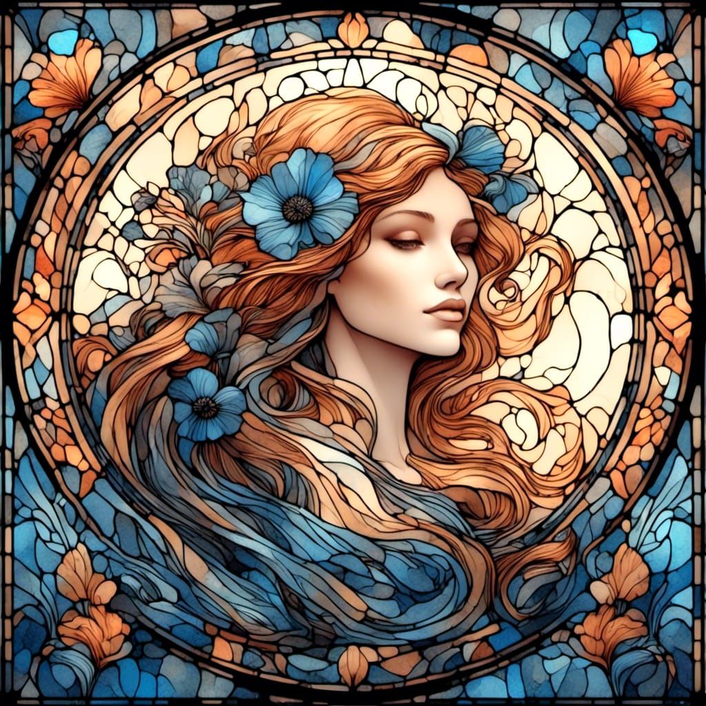 Art Nouveau Lady with Poppies, Stained Glass Style