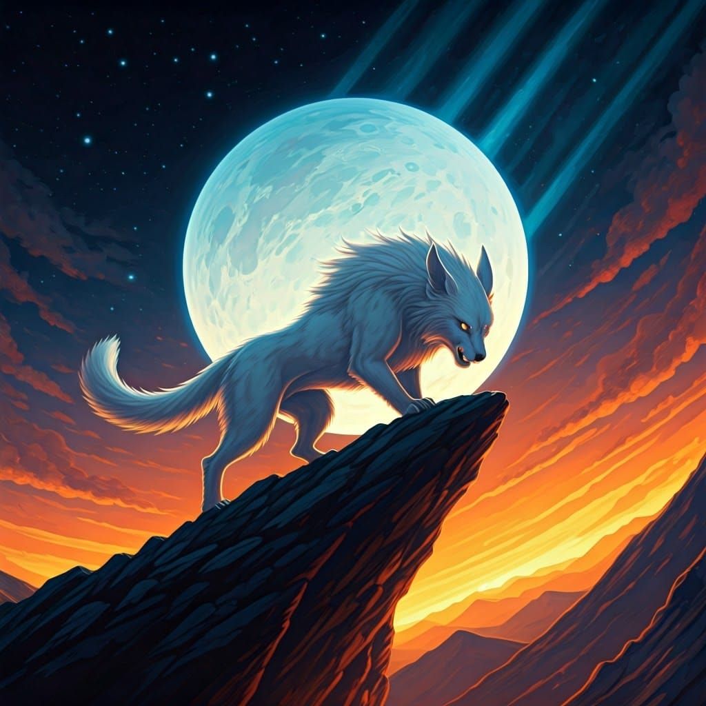 White Wolf Howling at Moon in Dreamy Landscape