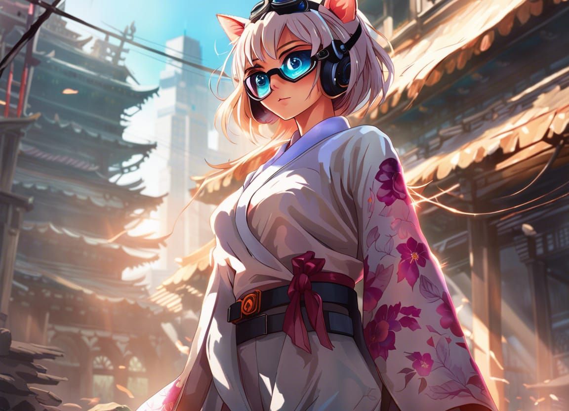 Cyberpunk Cat Girl in Sun-Dappled Ruins