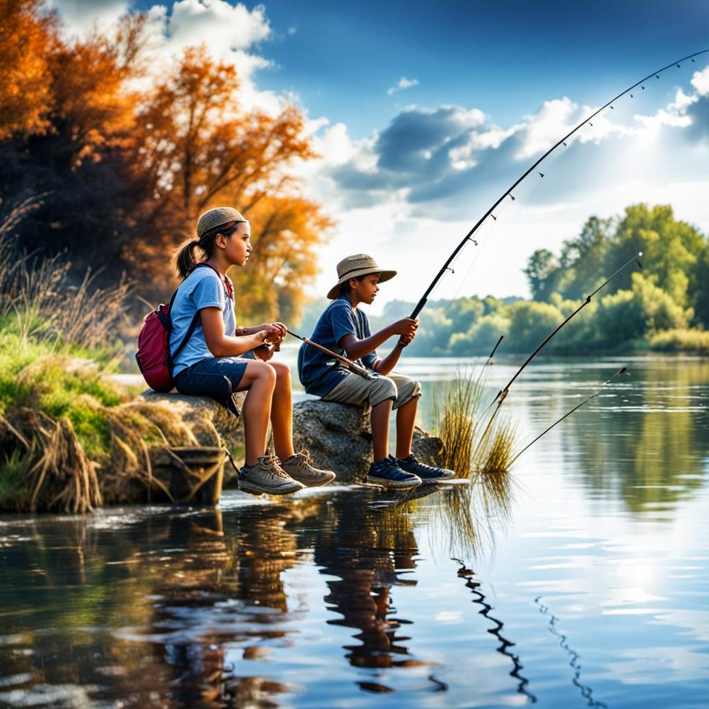 Children Fishing at Riverside: Hyperrealistic Image