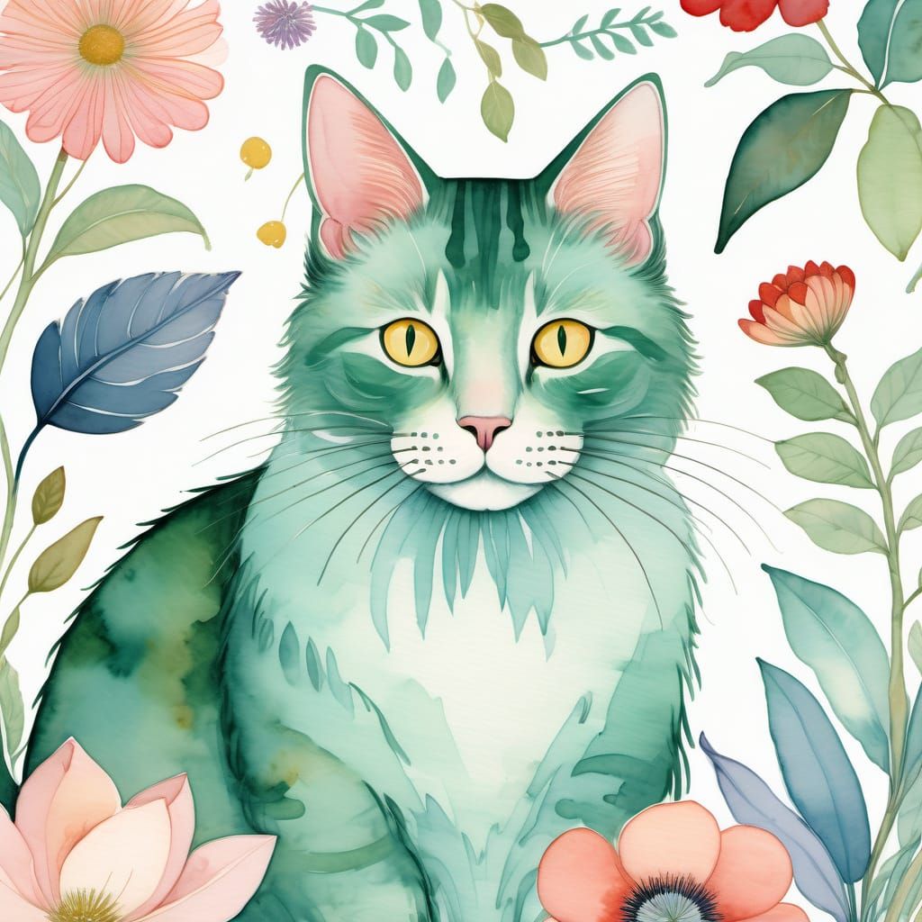 Whimsical Cat Amidst Watercolored Blooms in Pastel Hues
