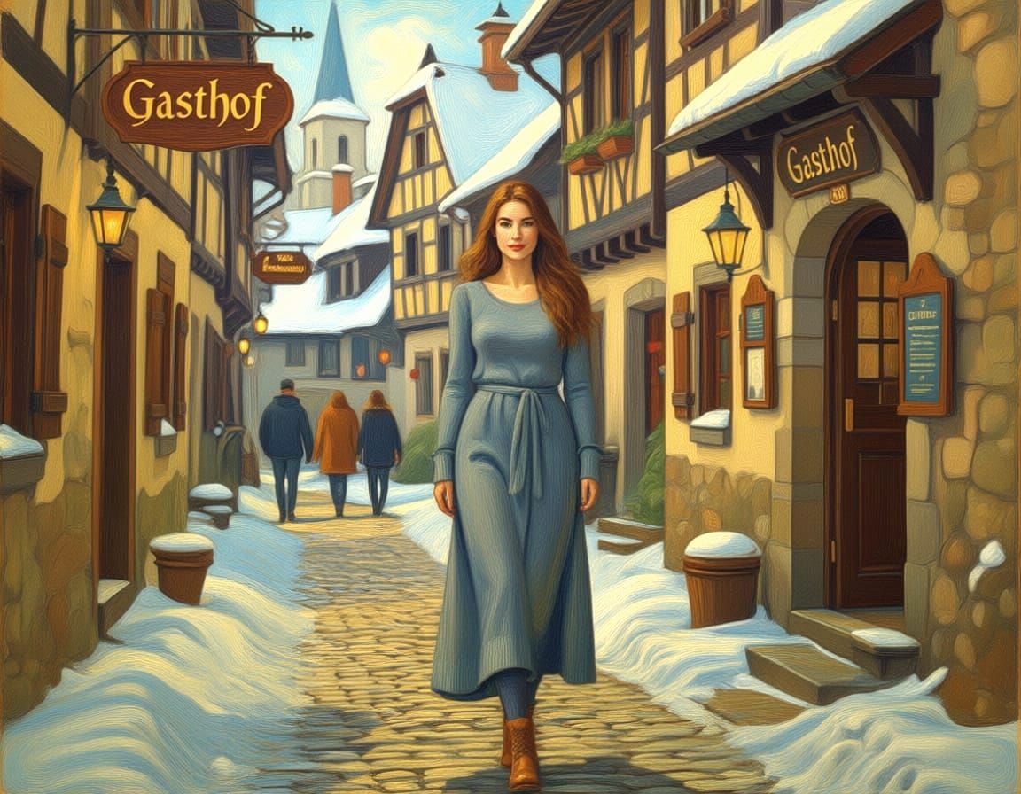 German Woman in Medieval Town Leaving Tavern on Snowy Day