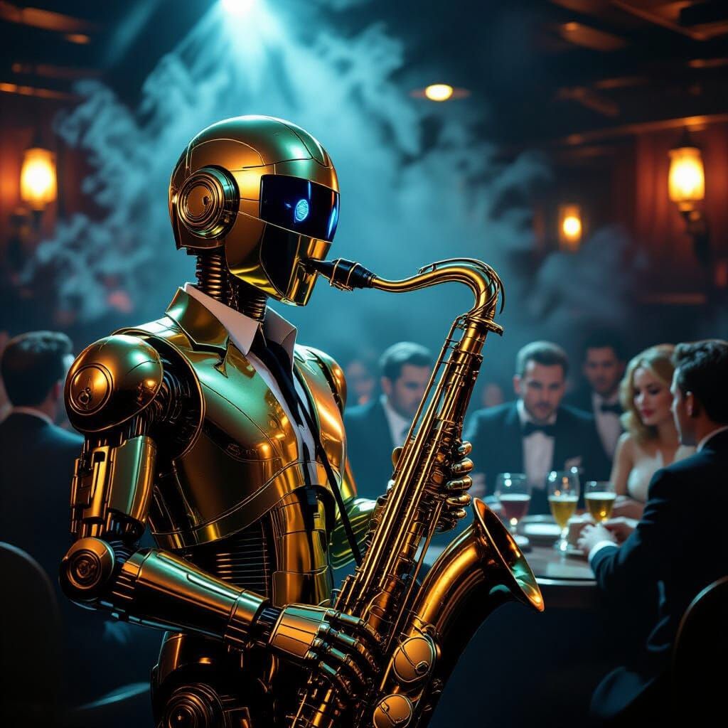 Robot Jazz Musician in Smoky Nightclub