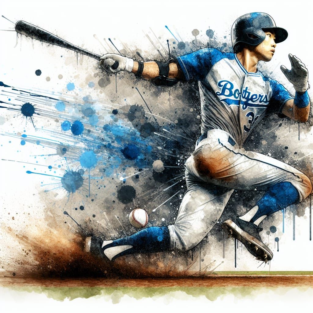 Baseball Player Slides Home: Watercolor Splash Art