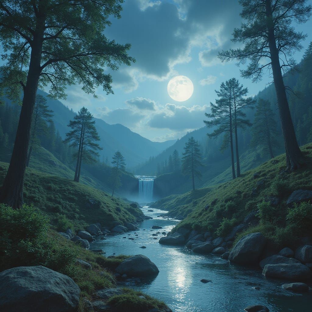 Mystical Landscape Under Soft Moonbeams