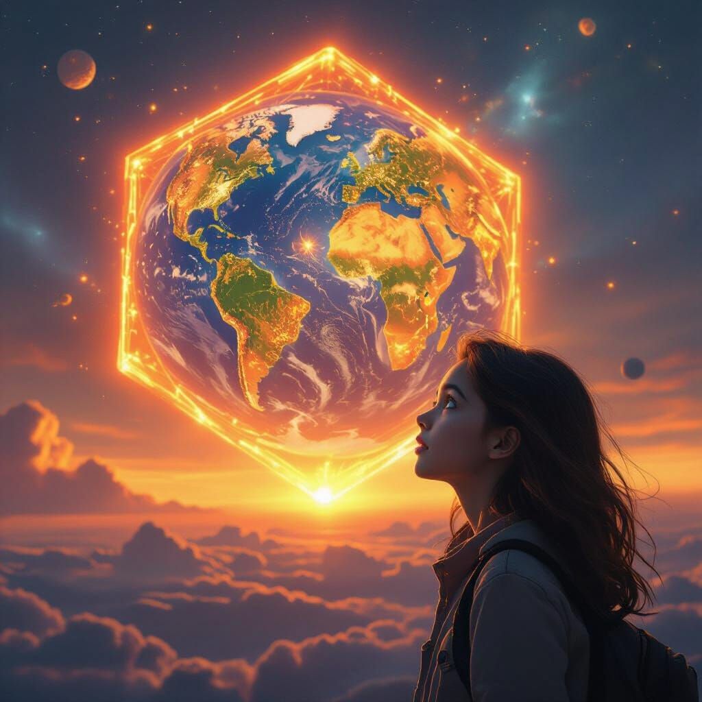 Girl Amazed by Earth-Mapped Hexagonal Alien Ship