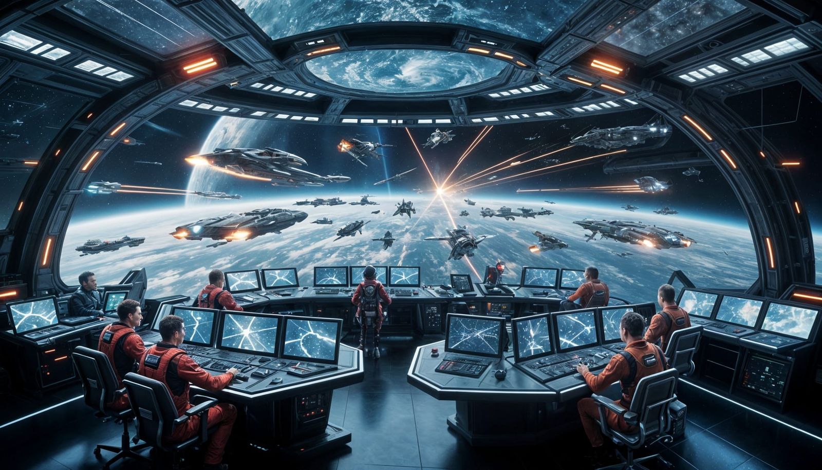 Epic Space Battle Command Center with Numerous Spaceships