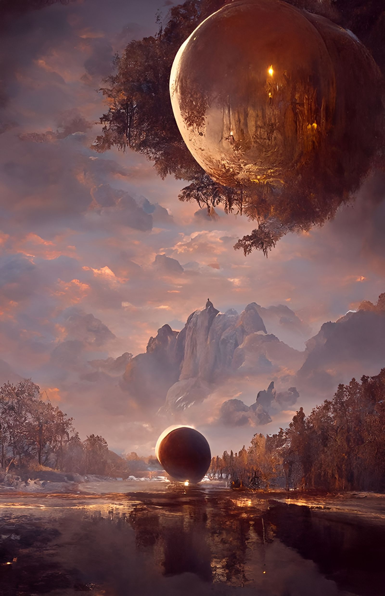 Mystical Alien Moonrise over Forest Lake in Kinetic Pointill...