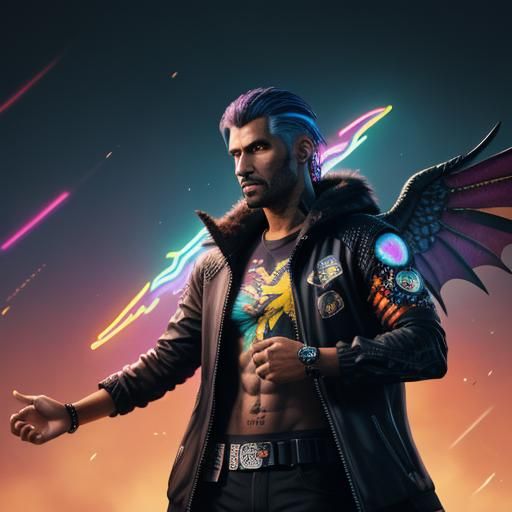 Winged Man with Dragon Scales in Cyberpunk Style