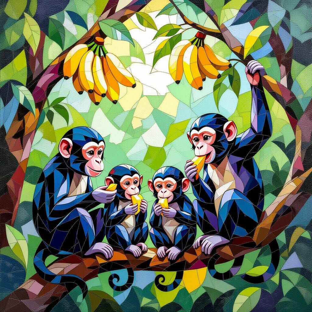 Mosaic Painting of Monkeys Eating Bananas