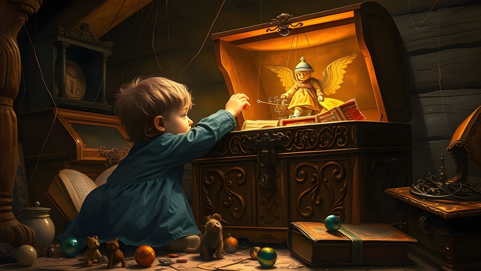 Child's Treasure Chest in Attic: Vivid Colors