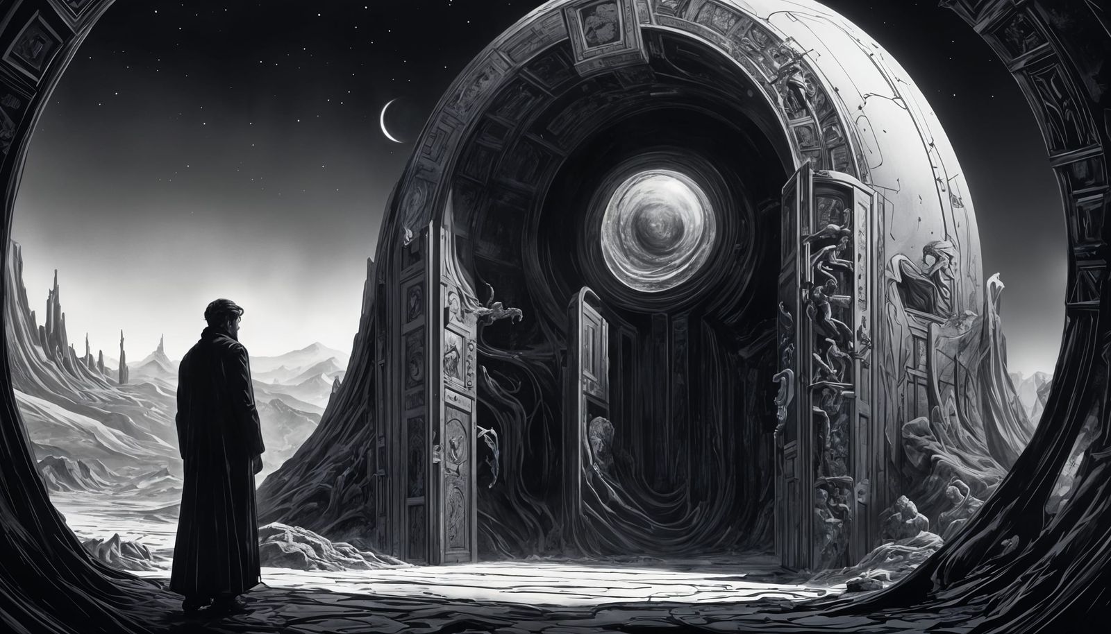 Dramatic Noir Science Fiction Interior Illustration in Monoc...