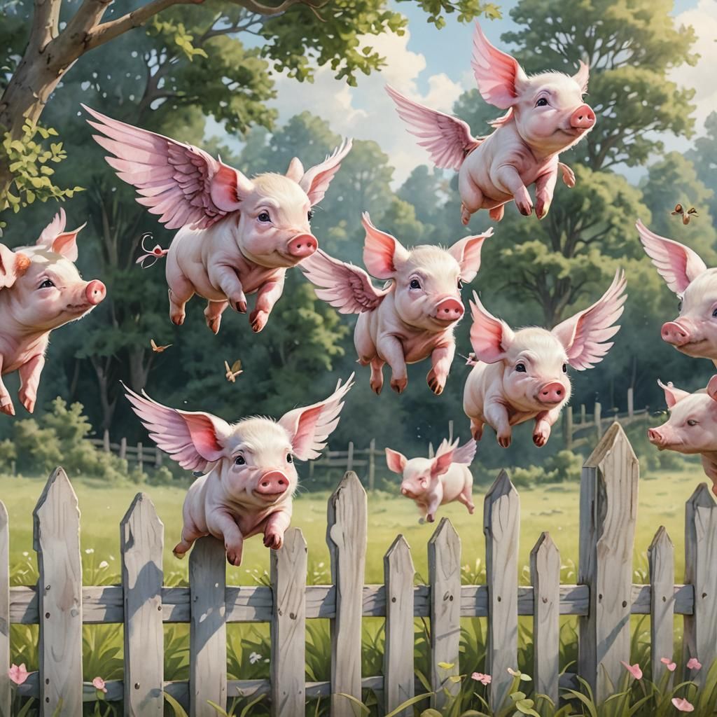 Pink Winged Piglets Fly in Watercolor Illustration