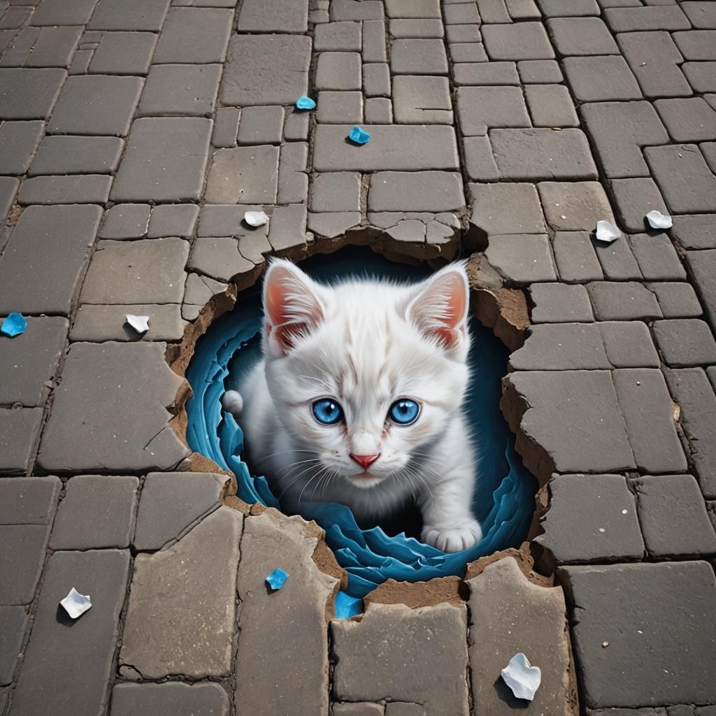 3D Chalk Art: Kitten Illusion on Pavement