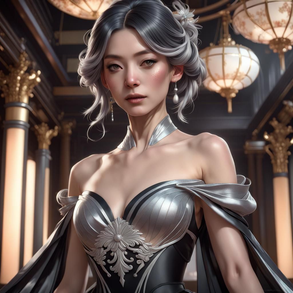 Elegant Japanese Woman in Silver Gown, Digital Art