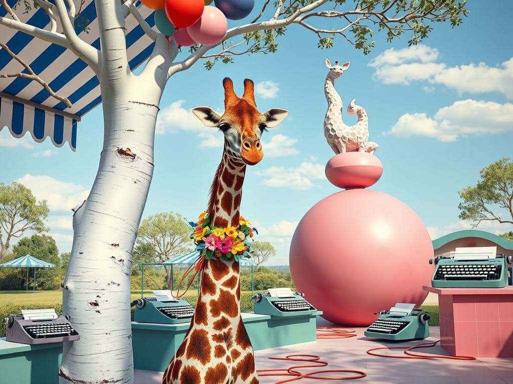 Giraffe in Whimsical Zoo Landscape with Balloons