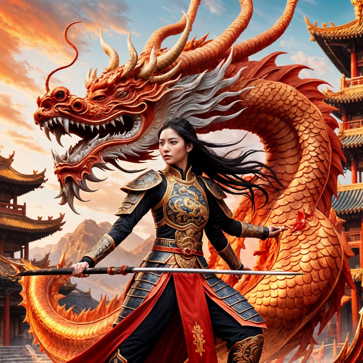 Chinese Dragon Warrior on Battlefield at Sunset