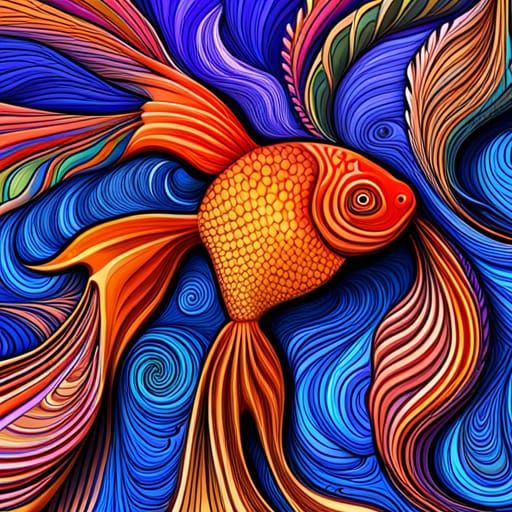 Whimsical Underwater Goldfish with Fractal and Zentangle Ele...