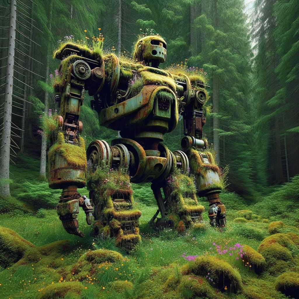 Abandoned Robot Merged with Forest Nature Art