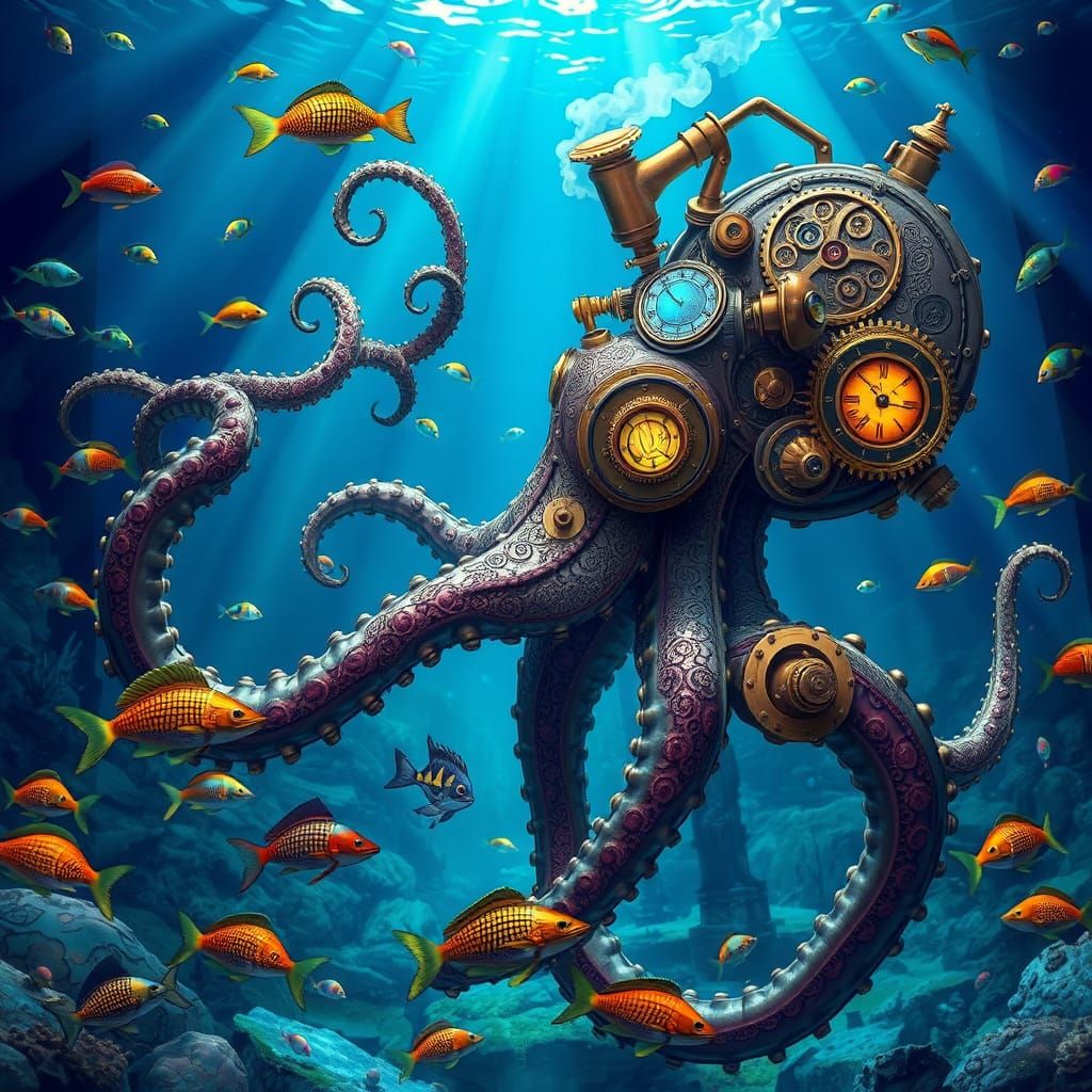 Clockwork Kraken in Bioluminescent Ocean Depths