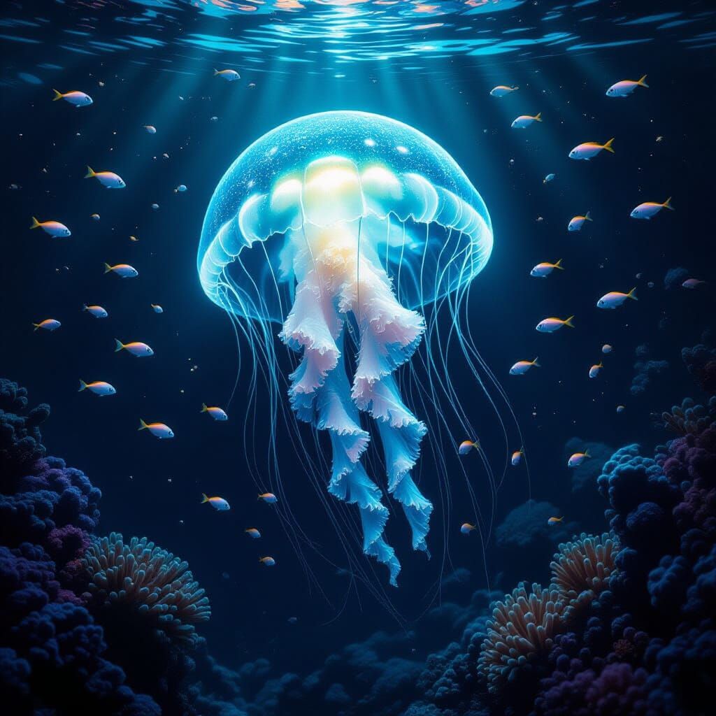 Bioluminescent jellyfish lights the darkness of an alien sea