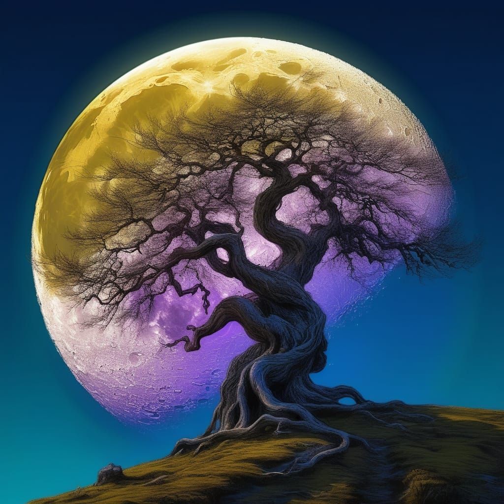 Hyperrealistic Silhouette of a Gnarled Tree Under Moonlight