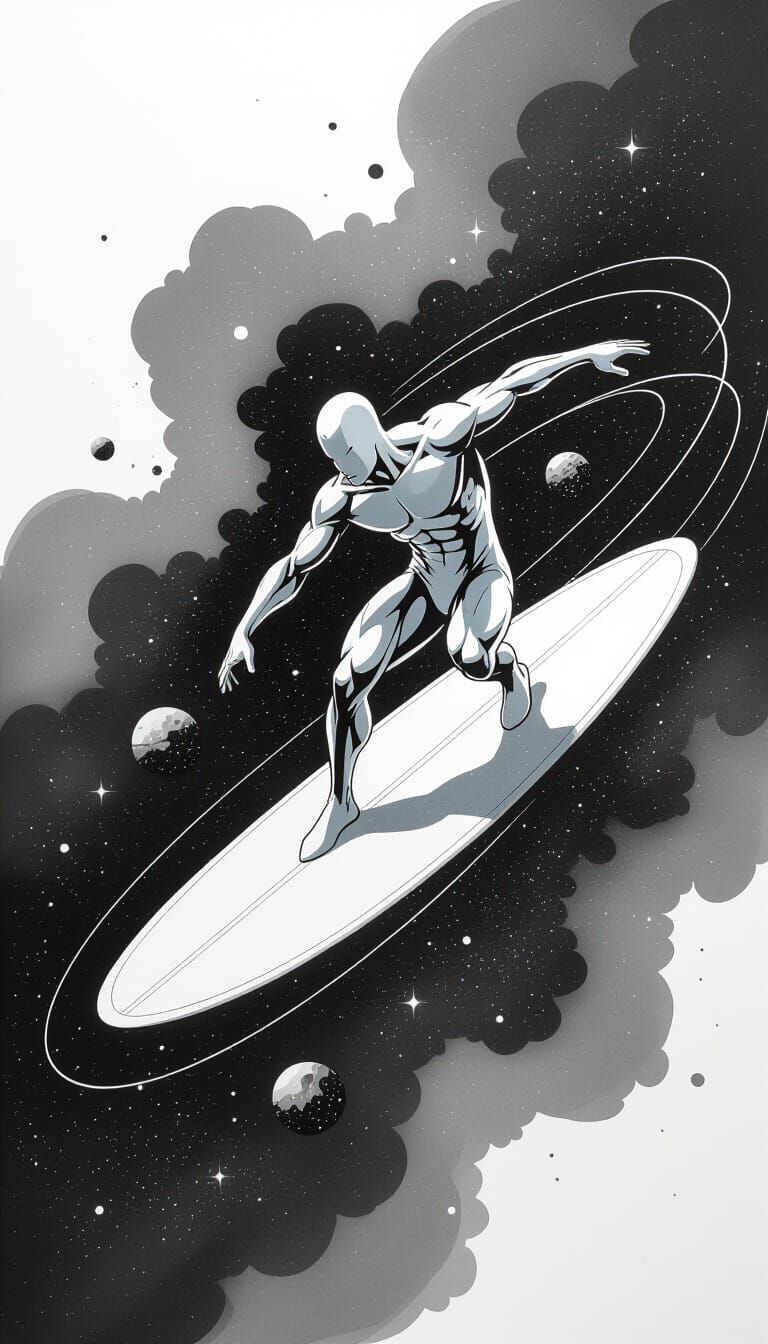 Silver Surfer: Minimalist Cosmic Ink Drawing