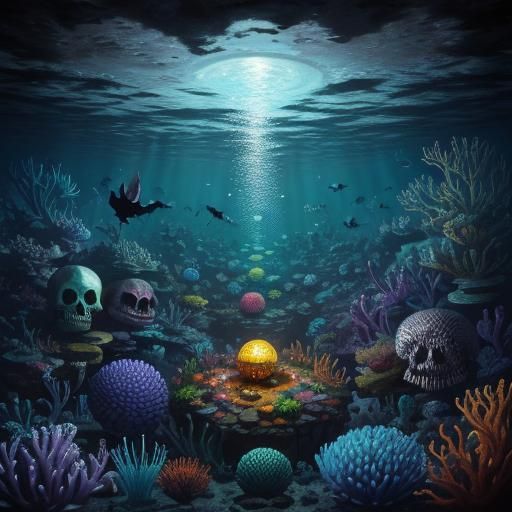 Surreal Underwater Scene with Tribal Anchor and Rainbow