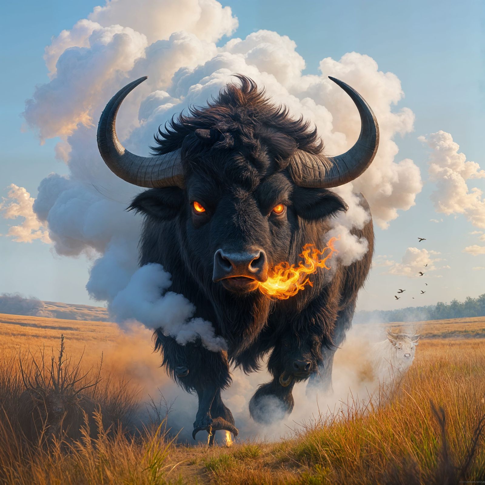 Fiery Smoke Buffalo in Prairie Landscape